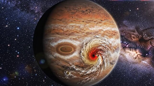 Realistic depiction of Jupiter&acirc;&euro;TMs unique atmosphere and Great Red Spot swirling through the gas giant&acirc;&euro;TMs surface in space