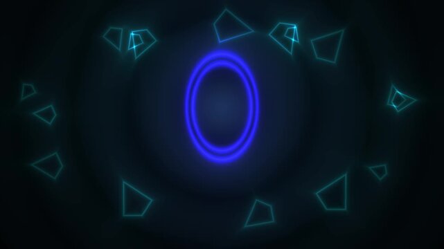Abstract Blue Neon Geometric Shapes Pulsing Around a Glowing Circle