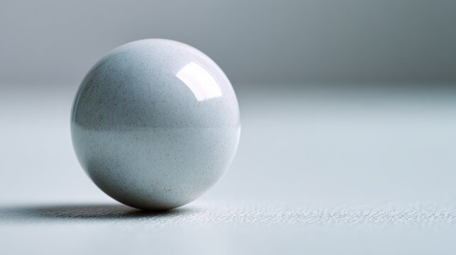 Glossy white ceramic sphere resting on a smooth surface, showcasing reflections and subtle texture details in a minimalistic setting