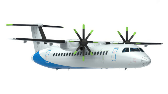 Side view of a white and blue turboprop airplane isolated on a plain white background