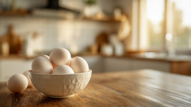 A bowl of fresh white eggs sitting on a rustic wooden kitchen table bathed in warm natural sunlight with a cozy home interior in the background
