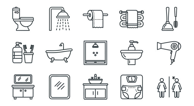 A comprehensive collection of minimalist line icons representing various bathroom fixtures and hygiene essentials, perfect for illustrating daily routines and sanitary facilities