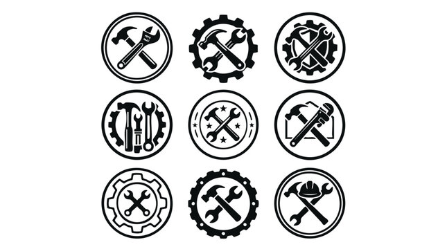 Worker tools vector icons set with hammer wrench labor symbols