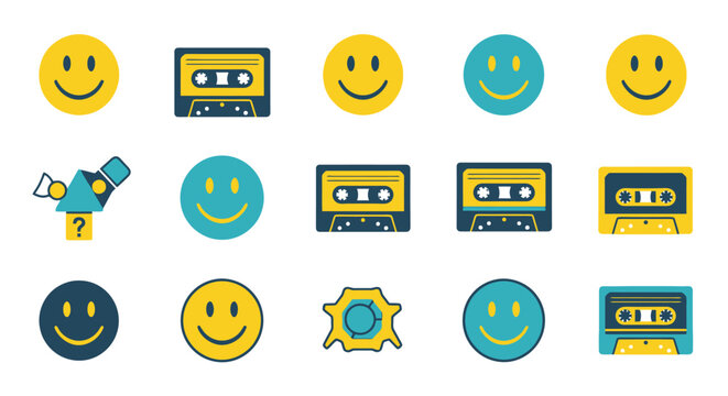 Collection of retro 90s themed smileys and cassette tapes.