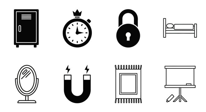 Collection of everyday objects, icons representing security, time, comfort, and education, presented in a grid format for visual representation