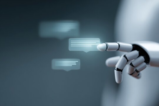 futuristic AI virtual assistant chatbot interface with prompt input and conversation bubbles, generative artificial intelligence and LLM technology concept