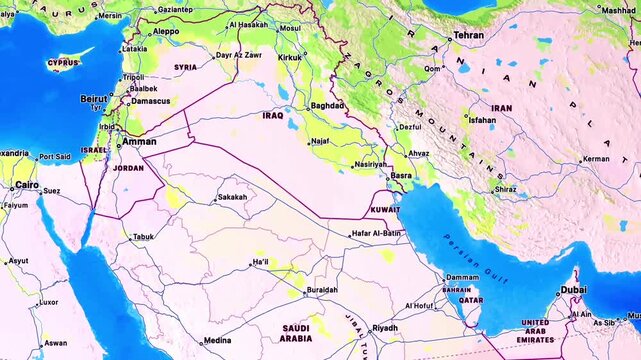 Middle East political map featuring Iran Israel Iraq Saudi Arabia Lebanon Syria Kuwait Qatar Bahrain UAE Jordan Oman regional borders geography