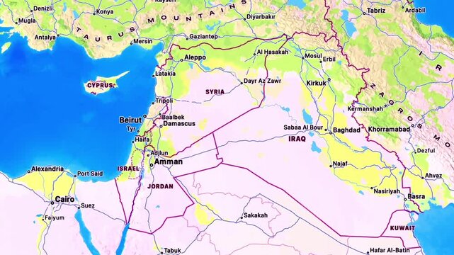 Middle East political map featuring Iran Israel Iraq Saudi Arabia Lebanon Syria Kuwait Qatar Bahrain UAE Jordan Oman regional borders geography