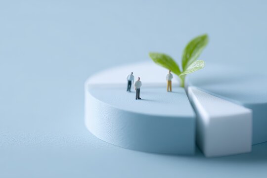 team analyzing plant growing from pie chart symbolizing sustainable corporate growth