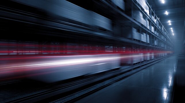 high tech automated warehouse at night with robots and light trails showing fast logistics