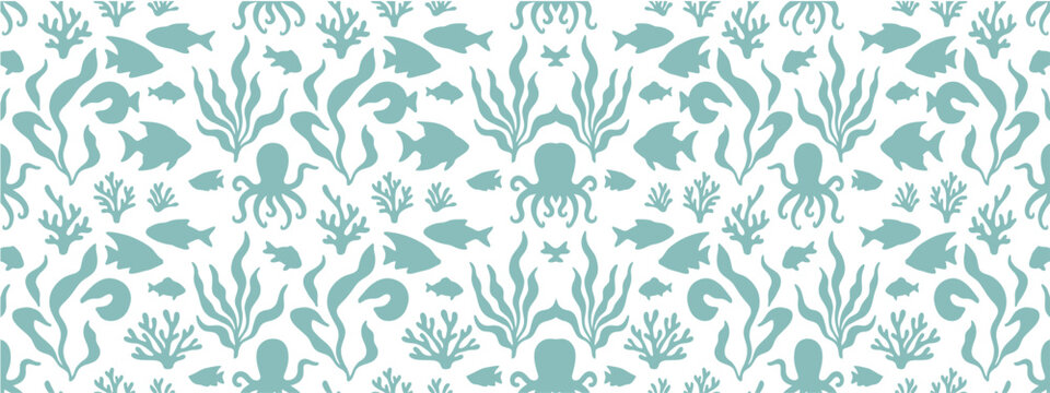 Teal underwater sea life and coral repeating pattern on white