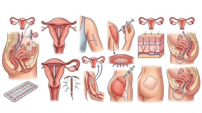 This collection displays various contraception methods used in gynecology and womens health along with their applications in different contexts.