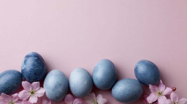 border of blue marble dyed easter eggs and spring flowers on pink background
