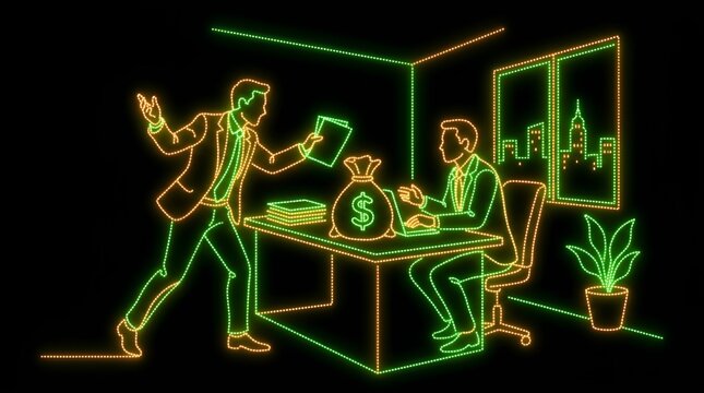 Business partners negotiating over a money bag in a neon office