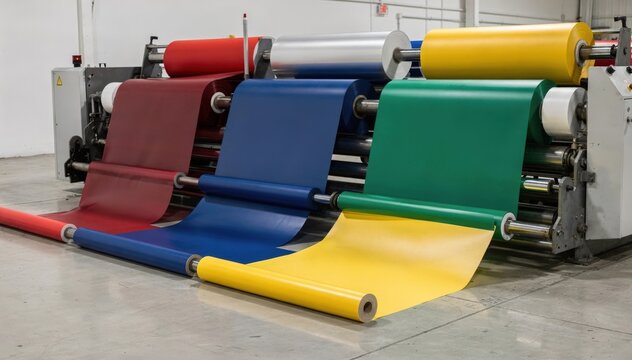 Converting solid color coated paper rolls for banquet tables capturing smooth winding process and vibrant hues in a clean industrial setting.