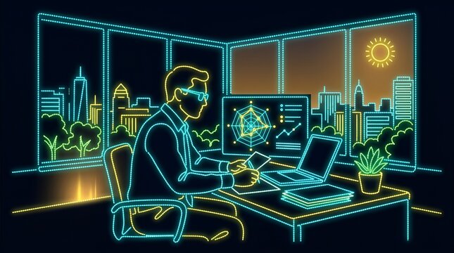 Data analyst reviewing spider chart in neon high rise office