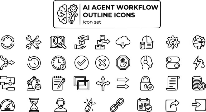 AI Agent Workflow Outline Icon Set Thinking Loop Tool Call Memory Read Handoff Task Queue Spawn Merge Retry Planner Executor Scratchpad Context Window Branch Kill Switch 30 Icons Editable Strokes Line