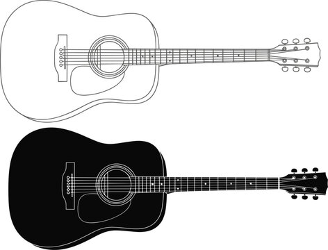 Acoustic guitar outline and silhouette illustration collection featuring classic string musical instruments for music and entertainment designs