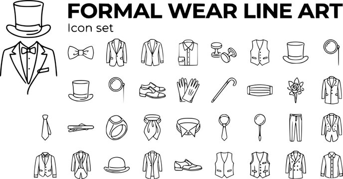 Formal Wear Line Art Icon Set Bow Tie Tuxedo Dress Shirt Cufflinks Waistcoat Pocket Square Top Hat Monocle Gloves Cummerbund Boutonniere Formal Coat Tie Clip 30 Icons Continuous Line Art Editable Stro