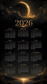 2026 Golden Moon Calendar Dark Background
