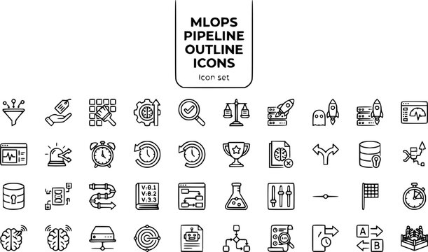 MLOps Pipeline Outline Icon Set Data Collect Label Clean Train Validate Evaluate Deploy Monitor Drift Alert Retrain Rollback Champion Retire A/B Split 30 Icons Editable Strokes Line Art Machine Learni
