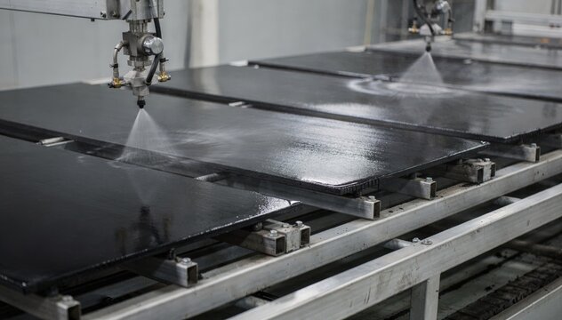 Automated sprayers evenly applying lowbuild asphalt coating on roof test panels showcasing precision and smooth surface finish under controlled factory conditions.