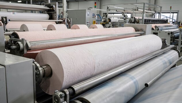 Dynamic medium frame showing tinted jumbo toilet tissue rolls moving through the embossing section of a fullscale converting line in a hightech processing plant.
