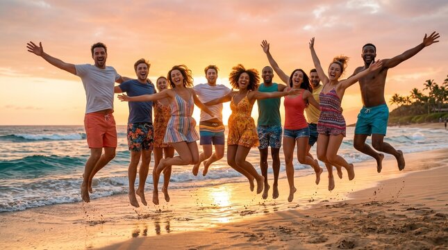 Happy Summer Beach Vacation Party with Friends and Family Jumping Together on Tropical Beach Holiday Lifestyle Celebration
