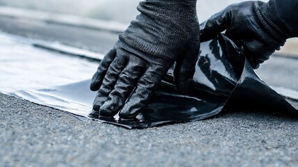 Close-up of construction worker's dark gloved hands peeling and pressing down a glossy black bitumen waterproofing membrane onto a flat asphalt roof surface, showing essential weatherproofing © olga_demina