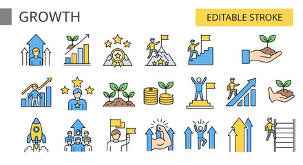 Fototapeta premium Collection of growth and success icons representing career development, business achievement, and personal progress with upward trends
