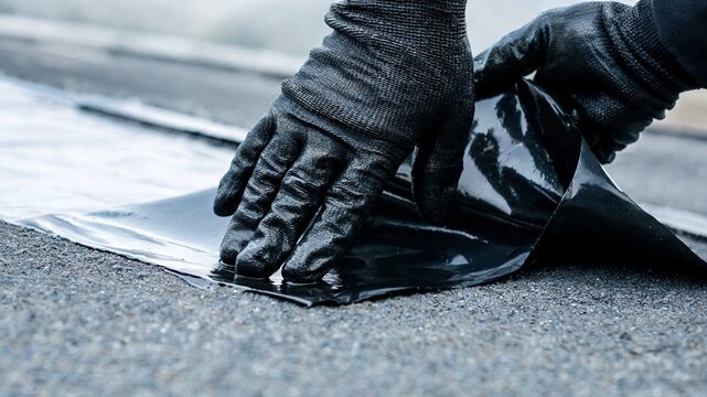 Close-up of construction worker's dark gloved hands peeling and pressing down a glossy black bitumen waterproofing membrane onto a flat asphalt roof surface, showing essential weatherproofing