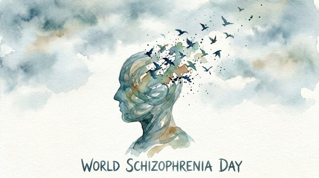World Schizophrenia Day Watercolor Illustration Showing Mental Health Awareness, Emotional Healing, Psychological Support, Human Mind Expression, Artistic Therapy Concept for Global Awareness Campaign