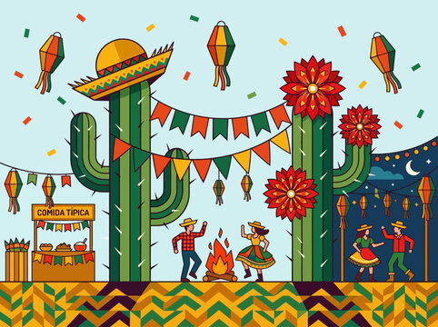 Festa Junina Brazilian June Festival Illustration with Traditional Dancing, Bonfire, and Cacti Decoration in Flat Geometric Style