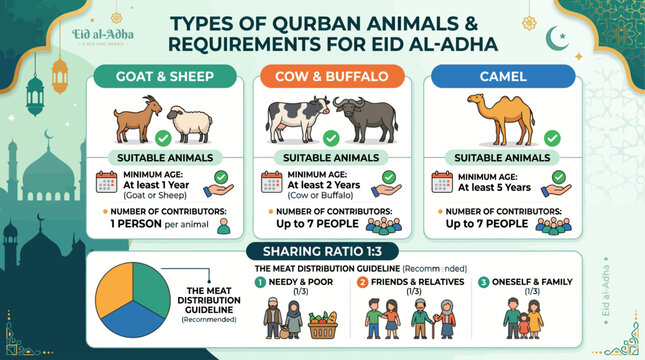 Educational infographic about types of qurban animals and requirements for Eid Al Adha. Explains minimum age for goat sheep, cow buffalo, camel, and sharing ratio 1:3 for distribution. Perfect for Isl
