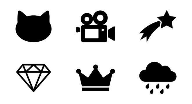 Black Silhouette Icons: Cat Head, Vintage Camera, Shooting Star, Diamond, Crown, Rain Cloud. Simple Vector Graphics.