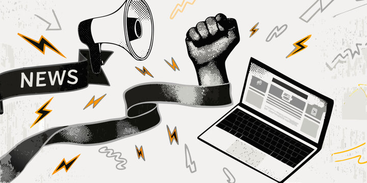 News announcement collage with megaphone raised fist and laptop