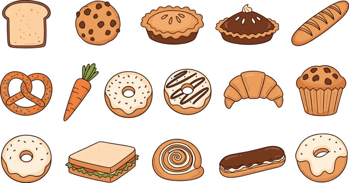 bakery food vector icon set featuring traditional sweet pastries bread cookies donuts pie croissant and delicious snacks