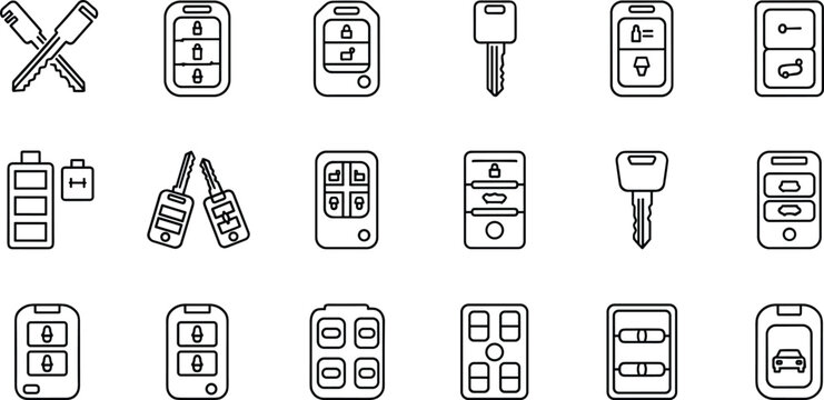 car key and remote fob vector line icon set with keyless smart entry vehicle security system control
