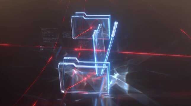 Abstract digital folders with glowing blue outlines and red data connections on a dark, futuristic background.