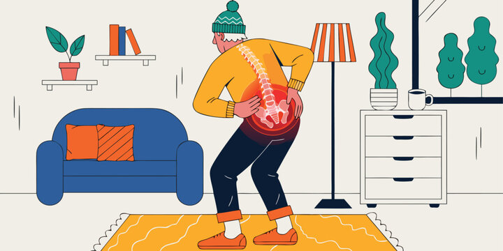 Illustration of a man suffering from severe lower back pain with a glowing highlighted spine