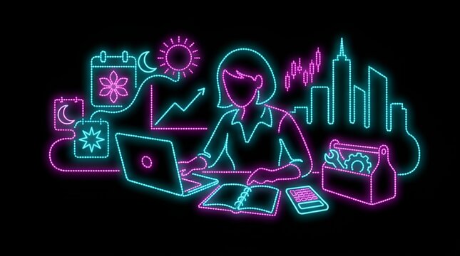 Creative woman multitasking with digital tools in neon line style