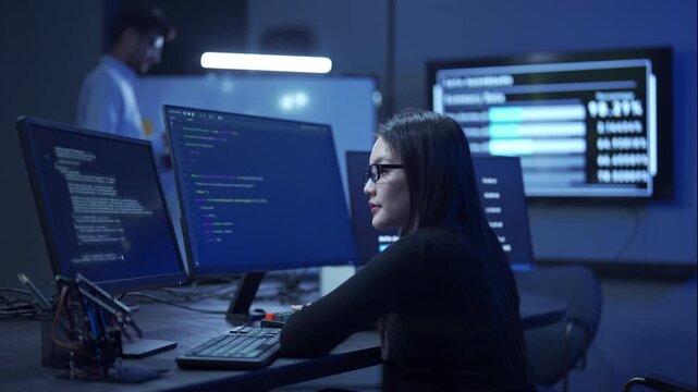 Young female software engineer writing program code on multiple desktop screens while her colleague working in the background in a modern office.