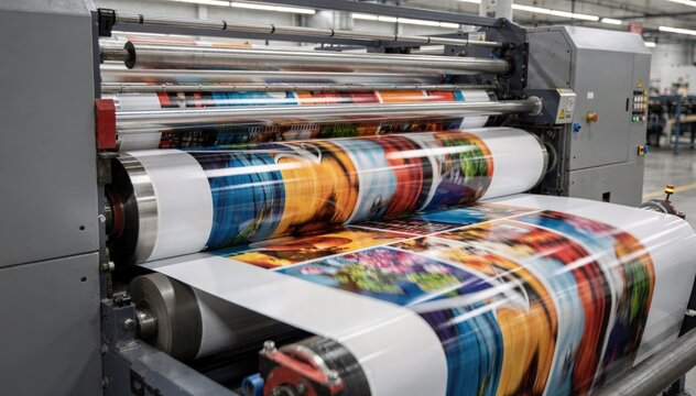 Highspeed offset printing machine producing vibrant glossfinished graphics on flat paperboard sheets showcasing smooth and shiny surface effects under bright lighting.