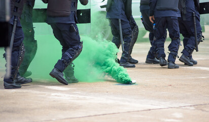 Fototapeta premium Riot police clashed with the protesters using smoke bombs