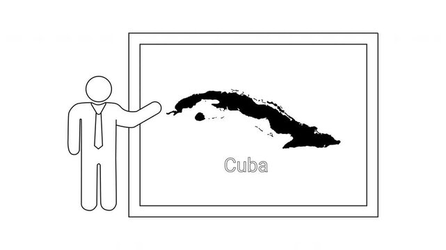 Man presenting map of Cuba on a whiteboard with text Cuba.