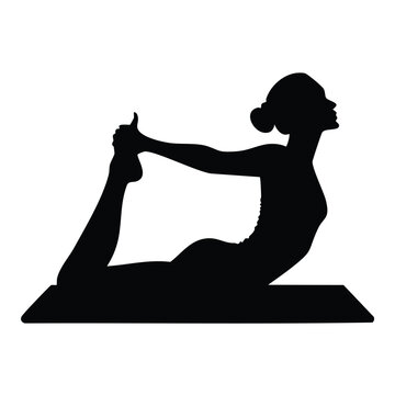 Title silhouettes woman performing yoga bow pose illustration with silhouette exercise wellness