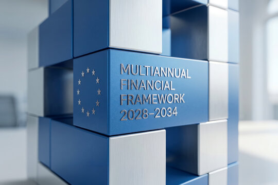 Multiannual Financial Framework 2028-2034 budget concept represented by blue and silver blocks