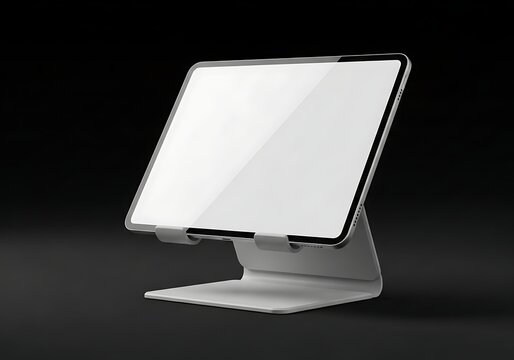 Modern tablet on adjustable metal stand with blank screen for mockups, workstation desk accessory, smart display holder