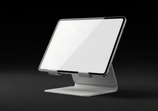 Modern tablet on adjustable metal stand with blank screen for mockups, workstation desk accessory, smart display holder