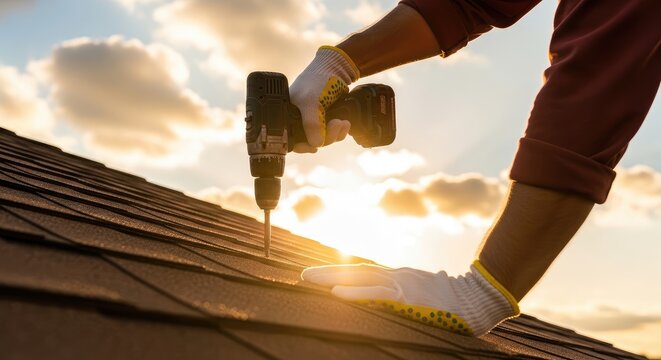 Person installing roof shingles with drill.